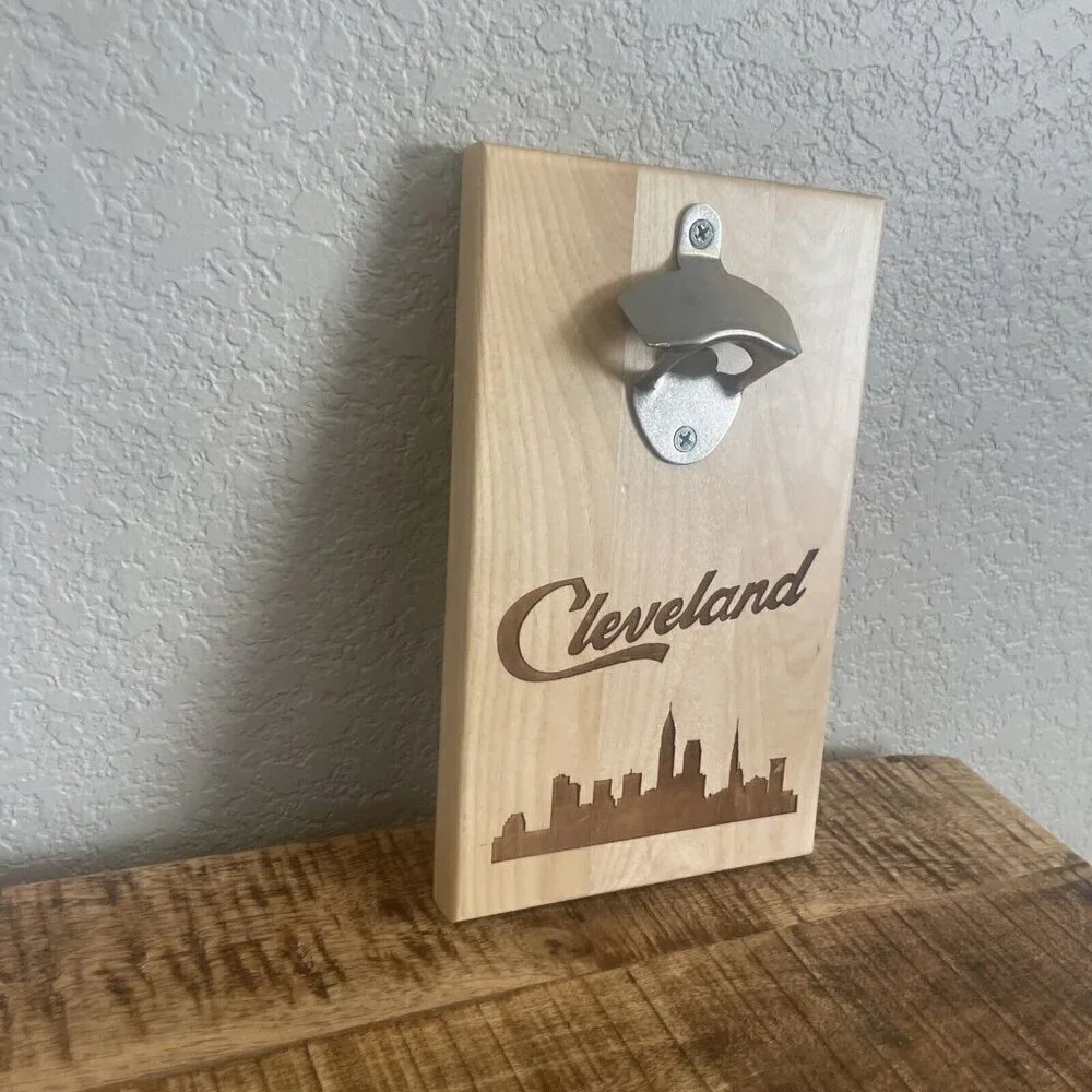 Wooden Cleveland Skyline Engraved Wall Mount Bottle Opener Souvenir City